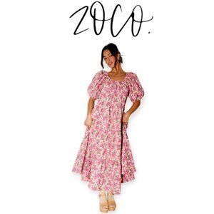 Zoco Puff Sleeve Pink Floral Secret Garden Daymaker Dress Small